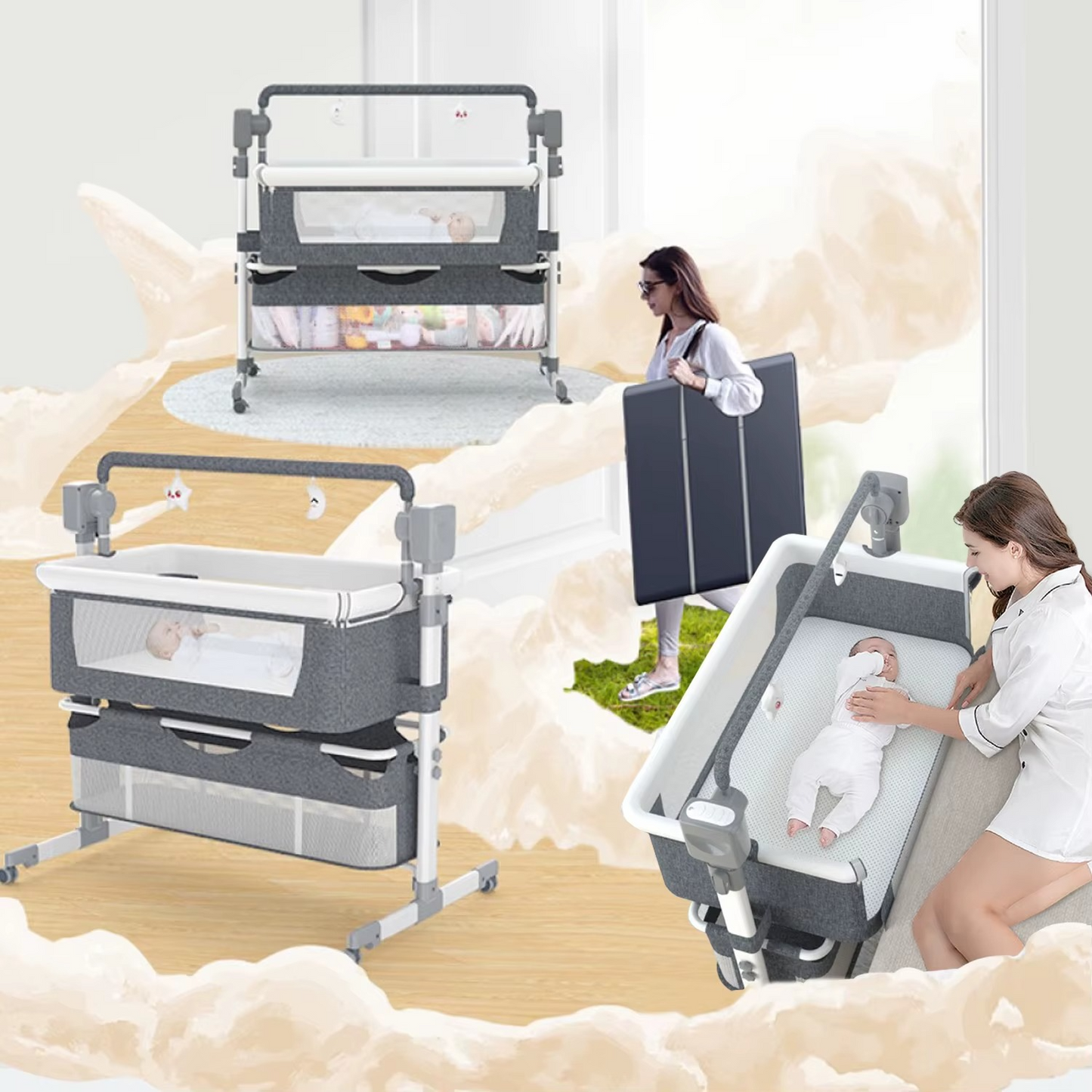 Gray whitebind baby bassinet in nursery with folding portability and mother caring for baby inside.