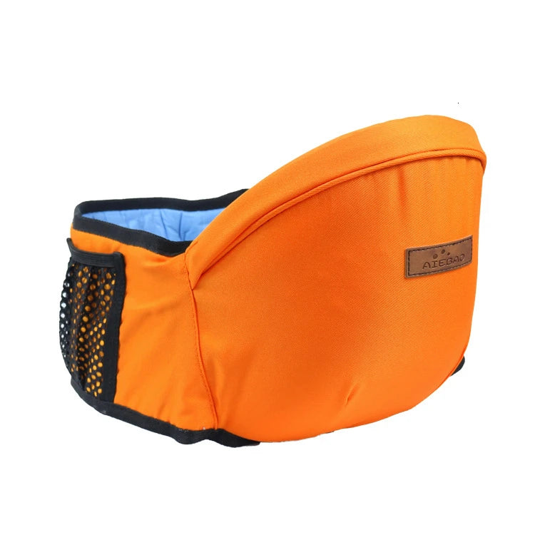 Orange ergonomic baby hip seat carrier with mesh pocket and logo patch for hands-free comfort.