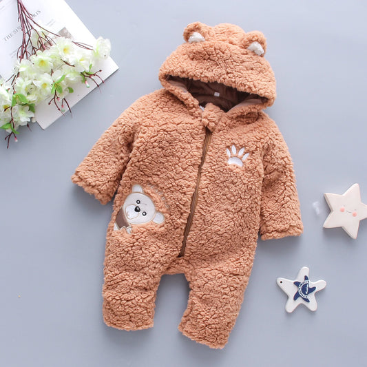 Lamb hair cartoon bear embroidered baby jumpsuit winter new girl baby long sleeved crawling suit thickened girl
