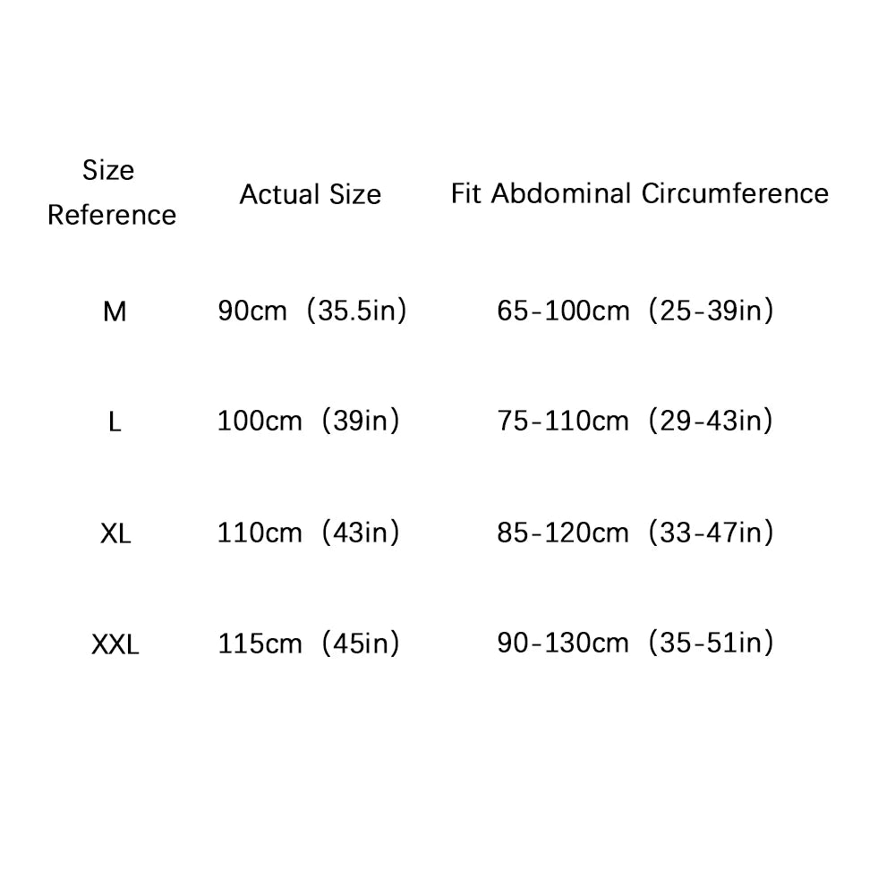 Postpartum belly band waist trainer size chart with measurements for M to XXL and abdominal circumference ranges.