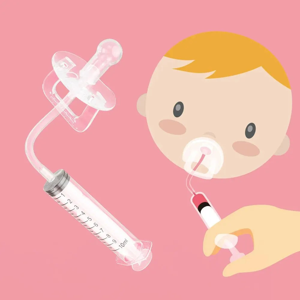 Clear baby medicine pacifier dispenser with 10ml syringe and silicone nipple for easy oral dosing.