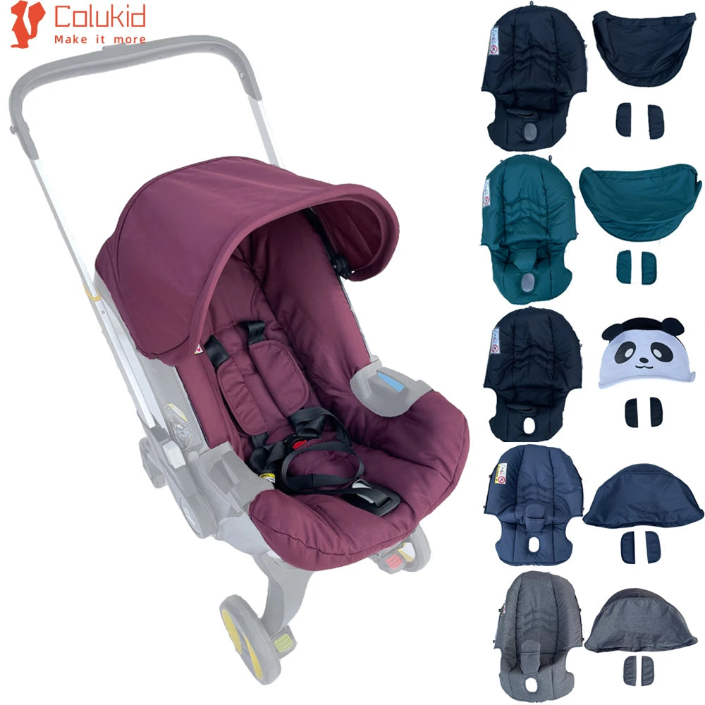 Wine red stroller seat cushion set with sunshade and storage accessories for baby comfort.