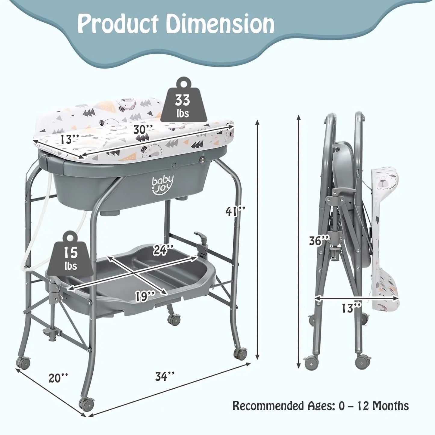 Dimension diagram of baby bathtub with changing table including size, weight, and recommended age.