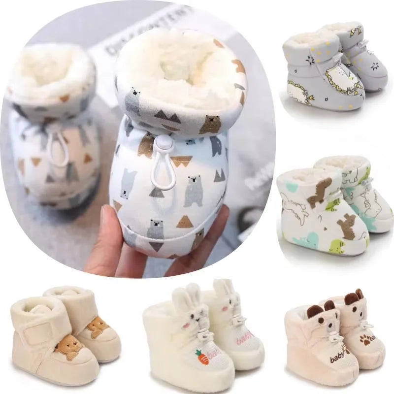 Winter baby boots set featuring soft warm lining and assorted cartoon animal prints for infants.