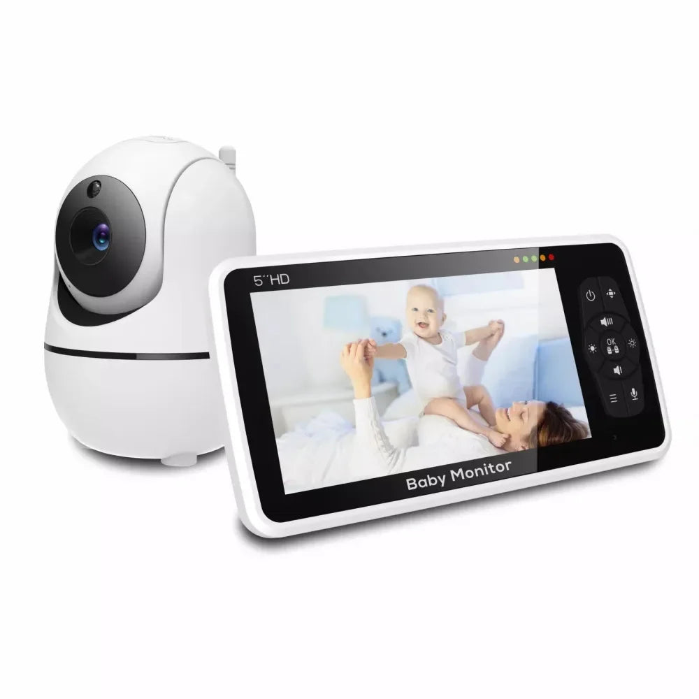 5-inch HD video baby monitor with camera showing mother and baby on screen, white camera unit included.