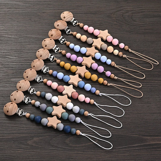 Wood and Silicone Pacifier Clip Chain | Teether Bead Soother Holder (BPA Free)