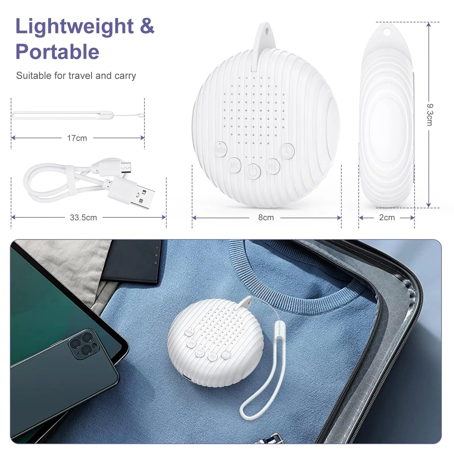 White noise machine with dimensions, USB cable, strap, and packed in suitcase for travel.