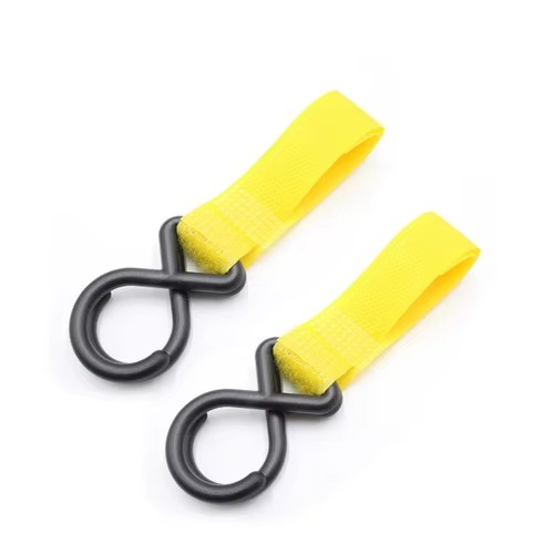 Yellow stroller hooks with black plastic hooks for attaching diaper bags to stroller handles.