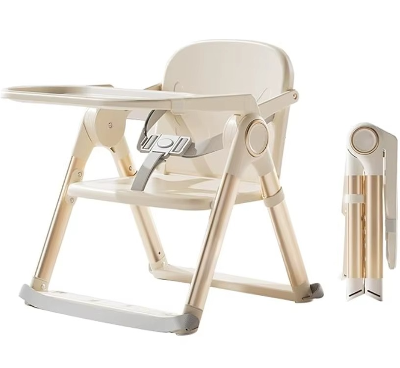 Ivory portable baby booster seat with adjustable tray and foldable frame for easy storage.