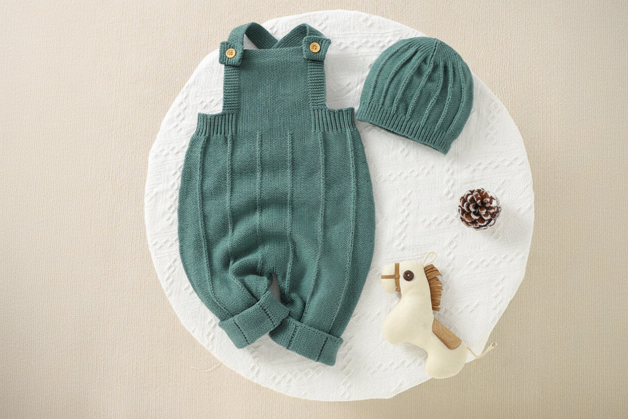 Unisex Baby Knitted Romper Set with Hat | Cozy Winter Outfit