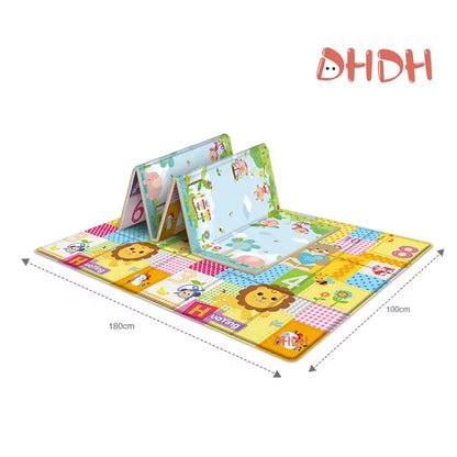 Foldable baby play mat with cartoon animals and numbers, flat and partially folded, showing size dimensions.