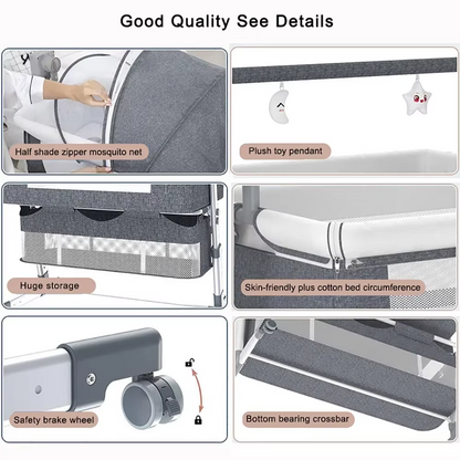 Detailed features of gray whitebind baby bassinet including mosquito net, plush toys, storage, and safety brake wheel.