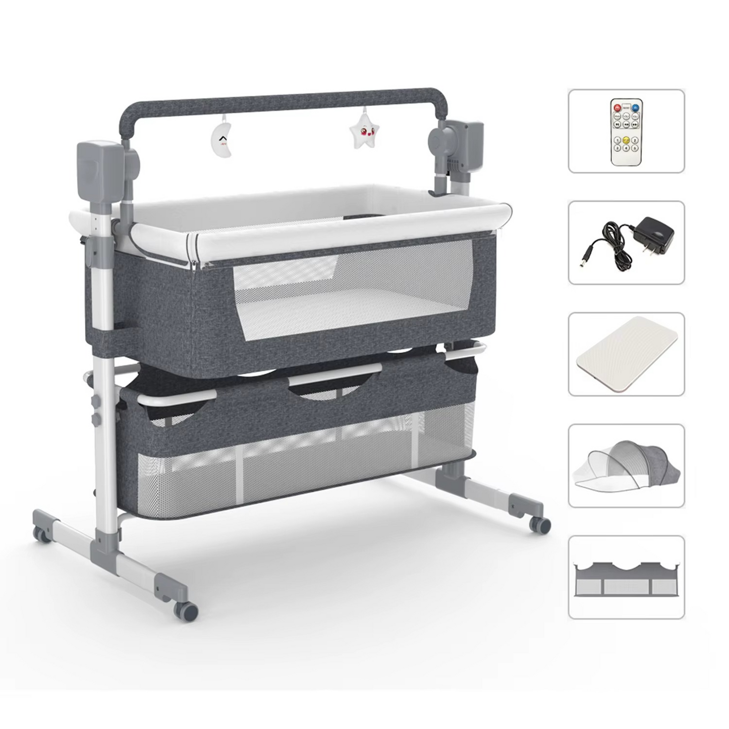Gray whitebind automatic rocking baby bassinet with mesh sides and storage compartments with accessories.