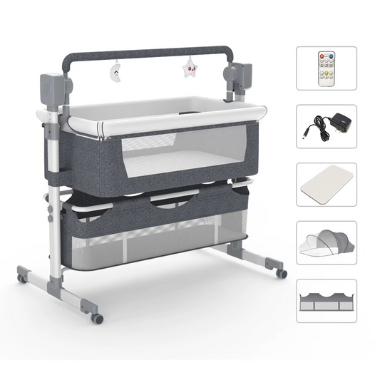 Gray whitebind automatic rocking baby bassinet with mesh sides and storage compartments with accessories.