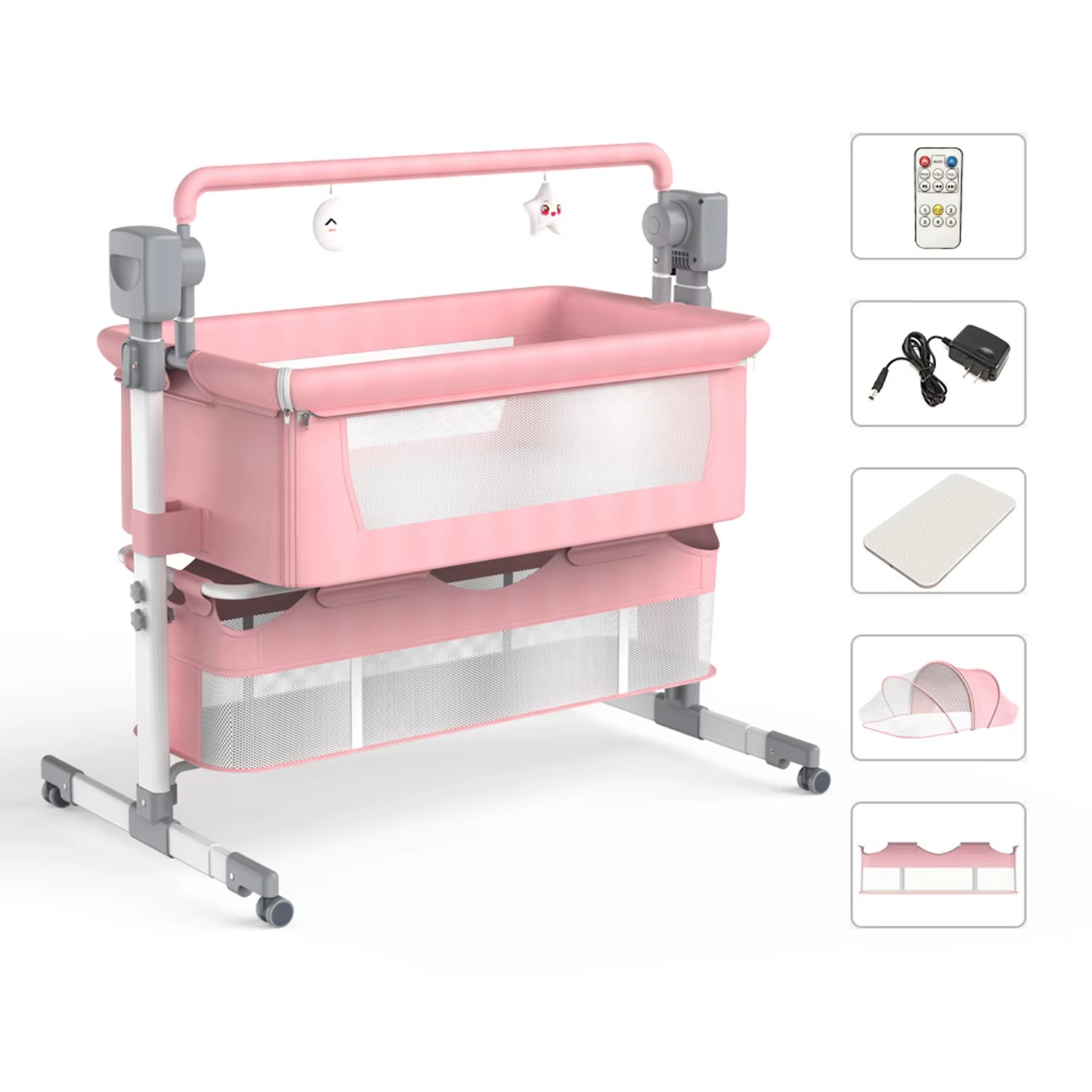 Pink automatic rocking baby bassinet with mesh sides and storage compartments with accessories.