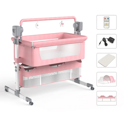 Pink automatic rocking baby bassinet with mesh sides and storage compartments with accessories.