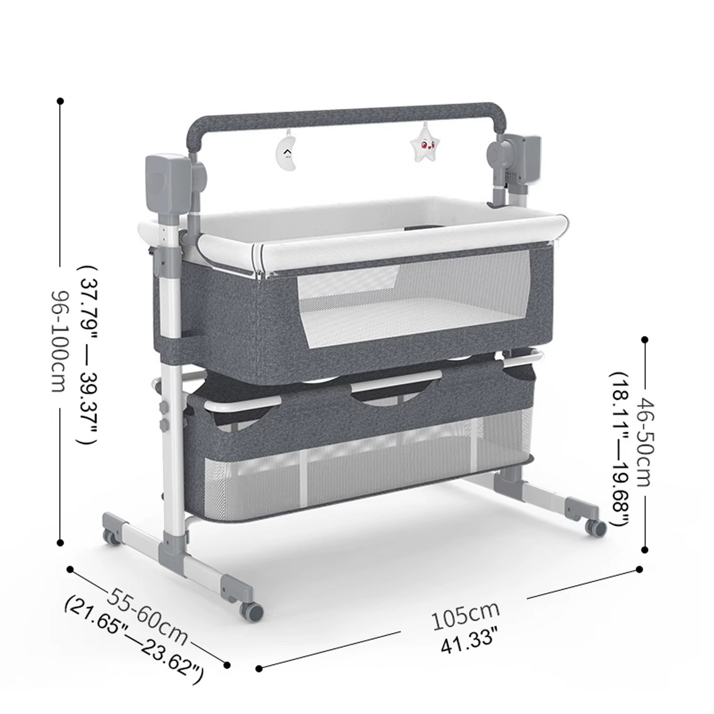 Gray whitebind baby bassinet with adjustable height and dimension measurements illustrated.