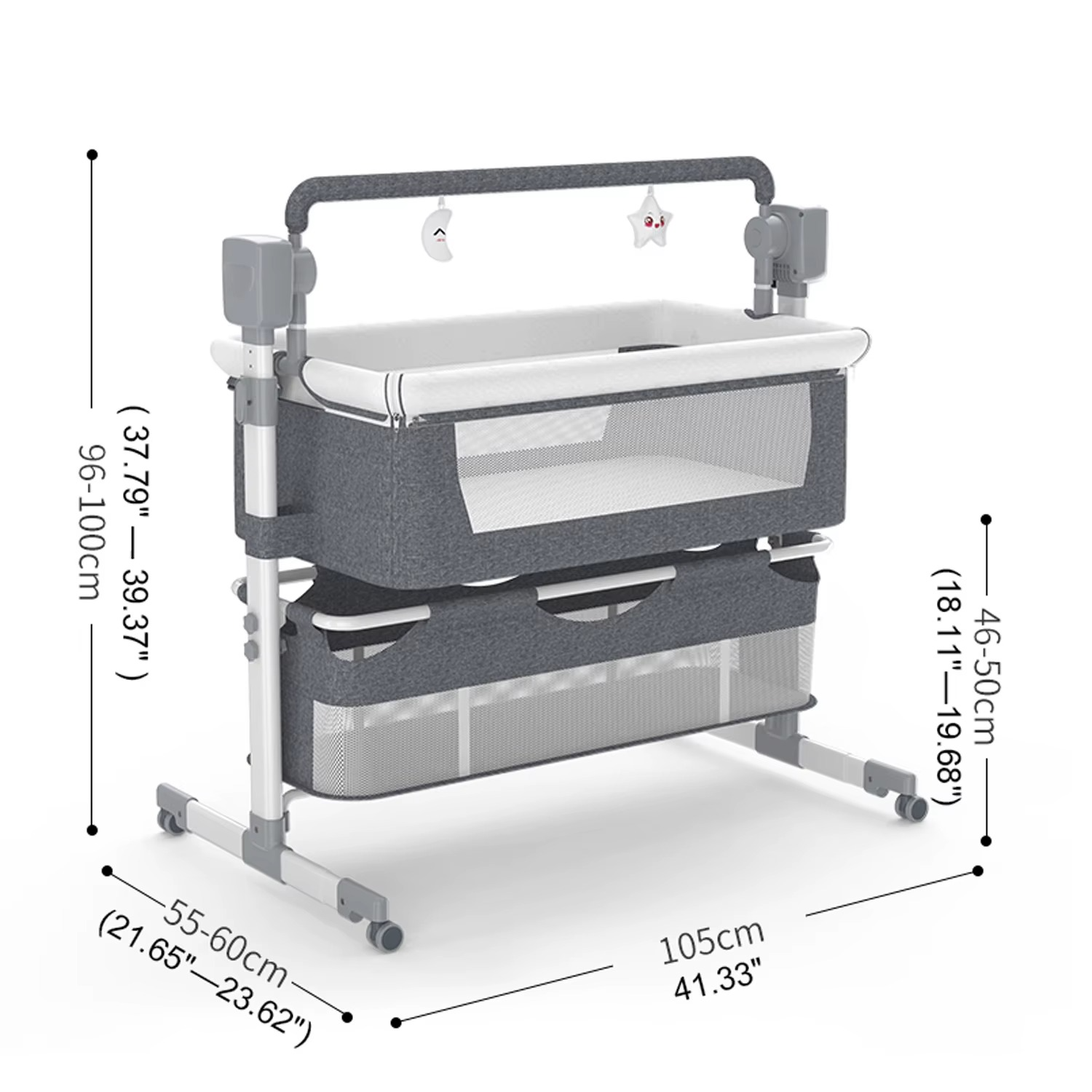 Gray whitebind baby bassinet with adjustable height and dimension measurements illustrated.