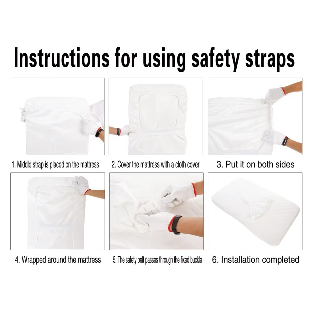 Instructions for securing mattress with safety straps and cloth cover for baby bassinet.