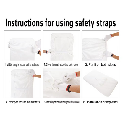 Instructions for securing mattress with safety straps and cloth cover for baby bassinet.