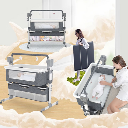 Gray whitebind baby bassinet in nursery with folding portability and mother caring for baby inside.