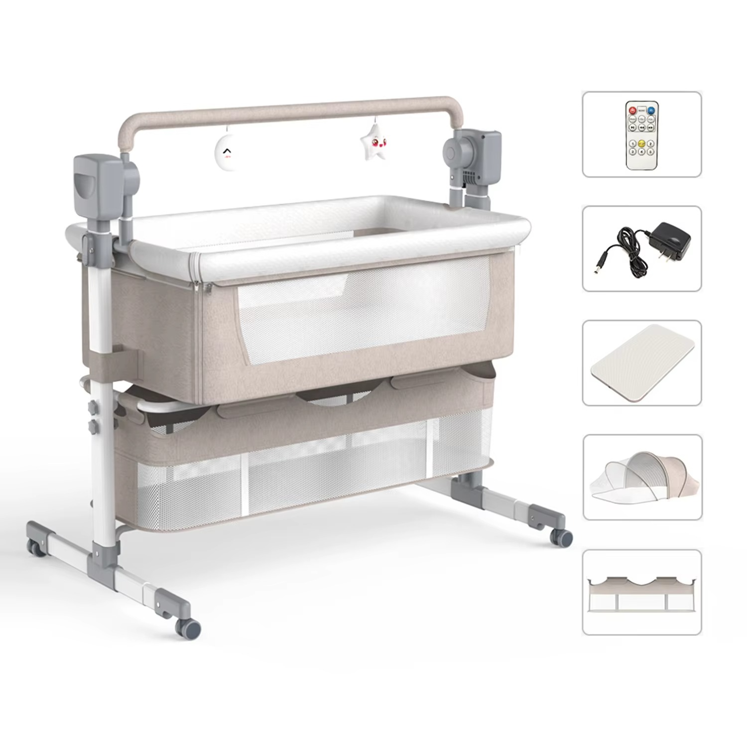 Khaki whitebind automatic rocking baby bassinet with mesh sides and storage compartments with accessories.