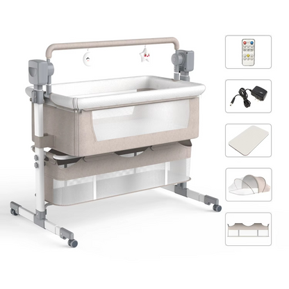 Khaki whitebind automatic rocking baby bassinet with mesh sides and storage compartments with accessories.
