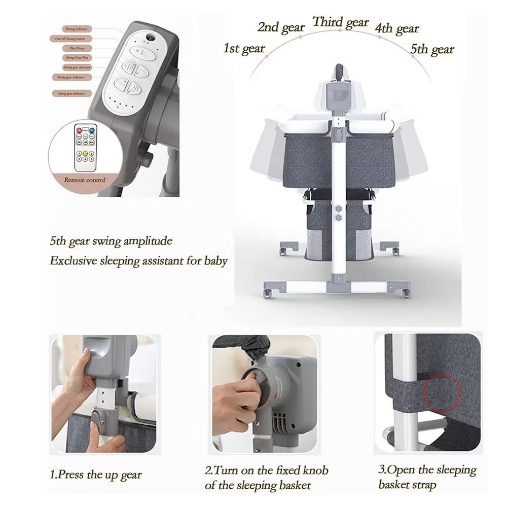 Remote control and swing gear settings for automatic rocking baby bassinet with usage instructions.