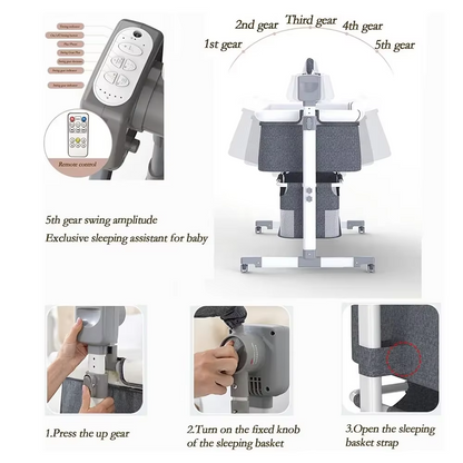 Remote control and swing gear settings for automatic rocking baby bassinet with usage instructions.
