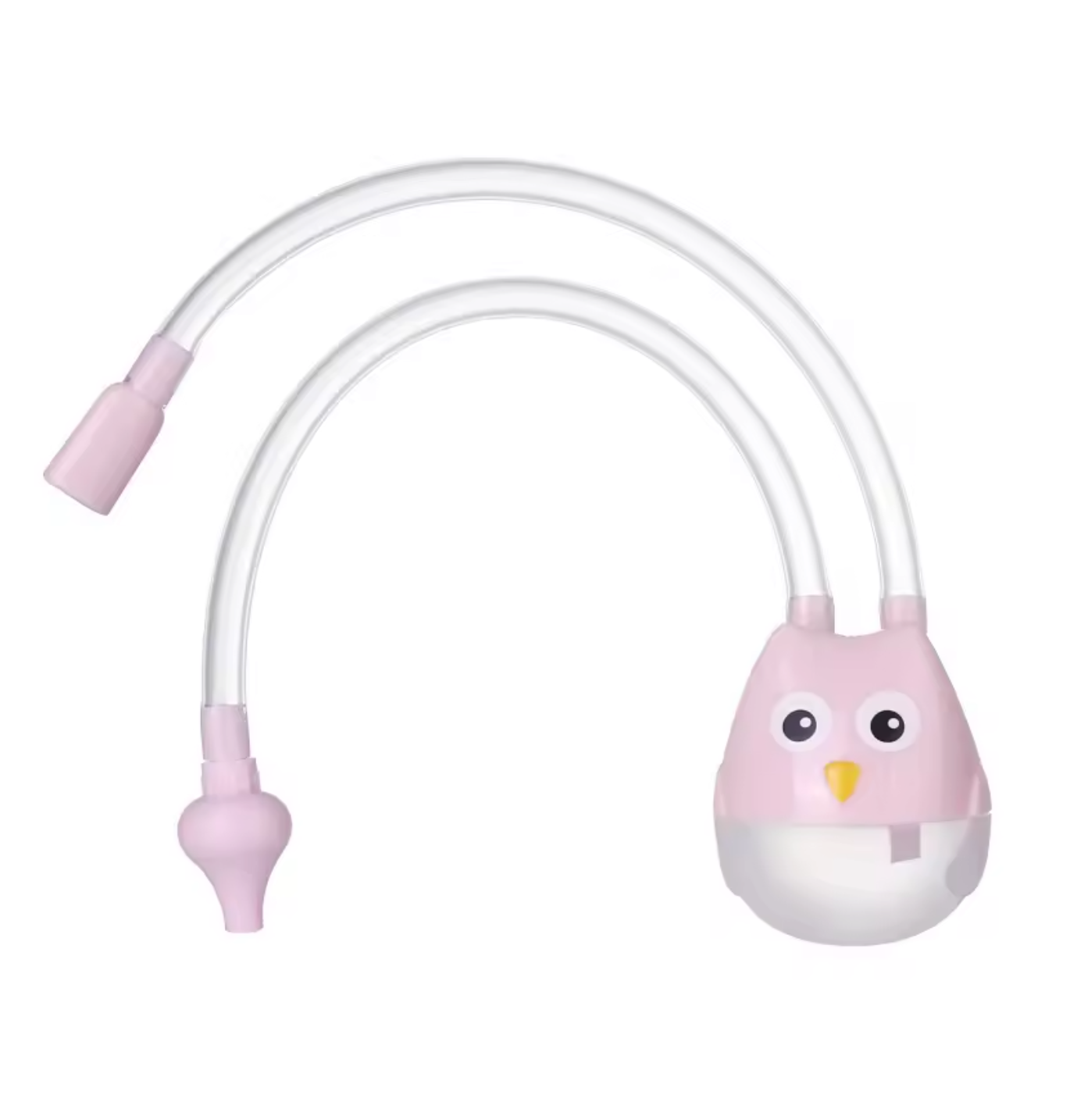 Pink owl baby nasal aspirator with tubes and silicone tips displayed on white background.