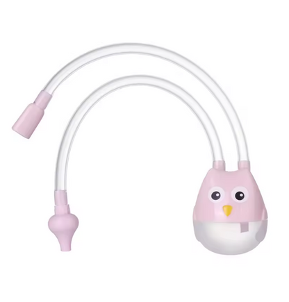 Pink owl baby nasal aspirator with tubes and silicone tips displayed on white background.