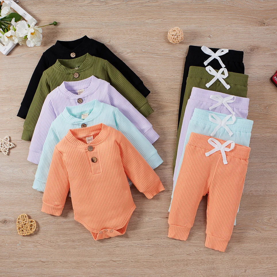 Newborn Ribbed Outfit Set – Long Sleeve Bodysuit & Soft Pants (2-Piece)