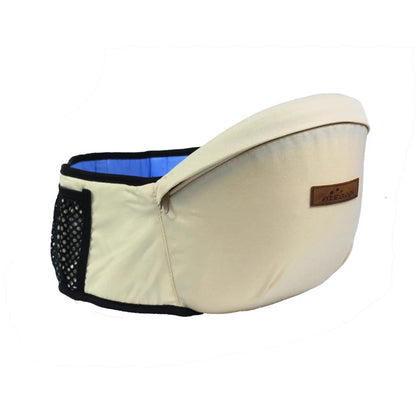 Beige ergonomic baby hip seat carrier with mesh pocket and logo patch for hands-free comfort.