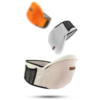 Beige ergonomic baby hip seat carrier with detachable waist belts in orange, white, and beige.