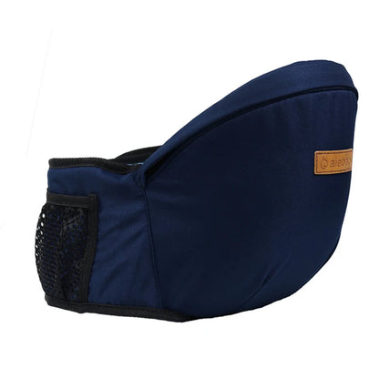 Dark blue ergonomic baby hip seat carrier side view with mesh pocket and logo patch.
