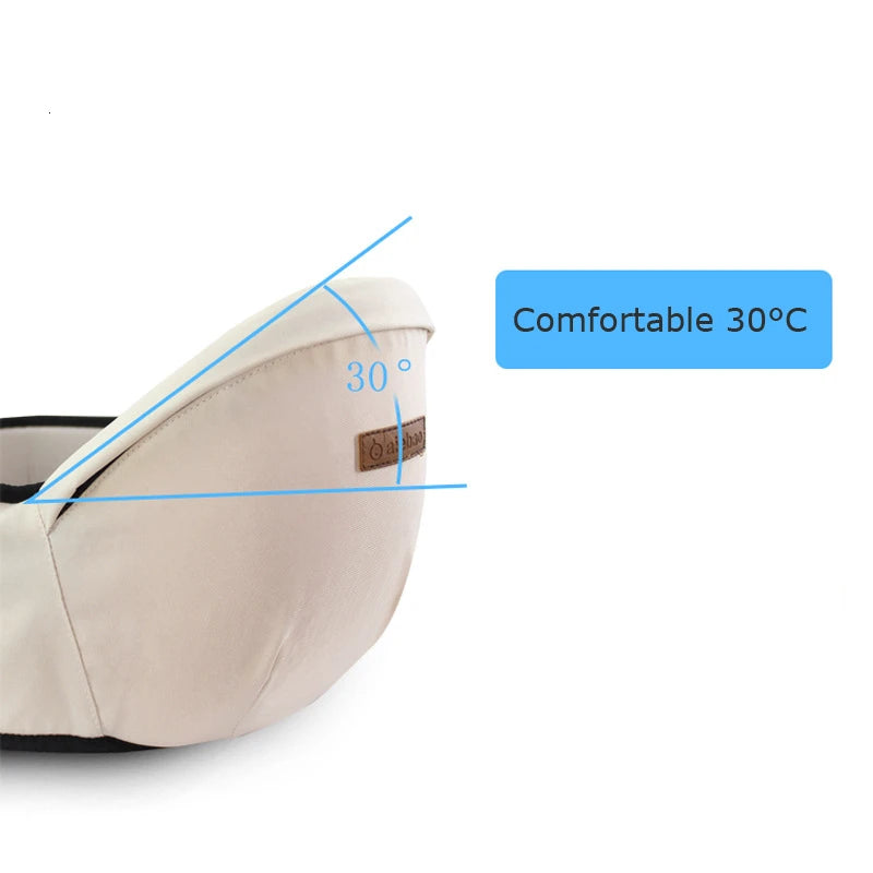 Side view of beige ergonomic baby hip seat carrier highlighting 30-degree comfort angle.