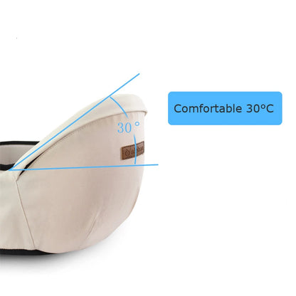 Side view of beige ergonomic baby hip seat carrier highlighting 30-degree comfort angle.