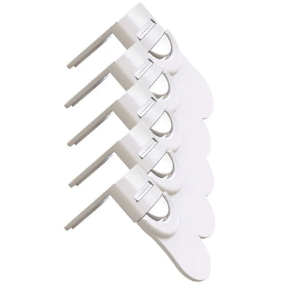 Set of five white baby safety drawer locks with adhesive for no-drill childproofing.