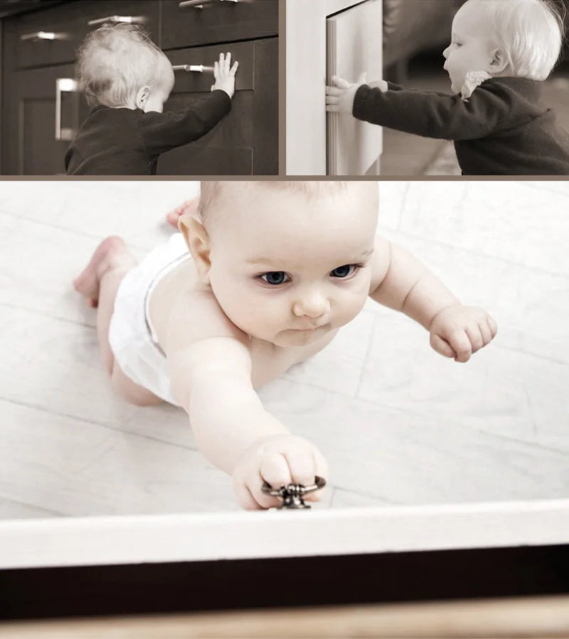 Baby and toddler interacting with cabinets and drawers demonstrating need for baby safety drawer locks.