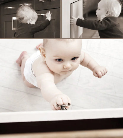 Baby and toddler interacting with cabinets and drawers demonstrating need for baby safety drawer locks.