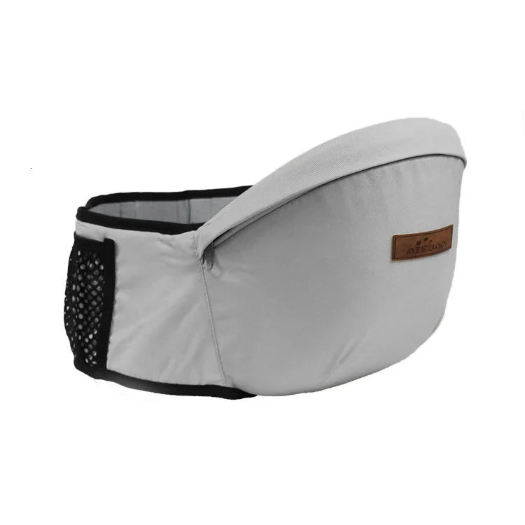 Gray ergonomic baby hip seat carrier with mesh pocket and logo patch for hands-free comfort.