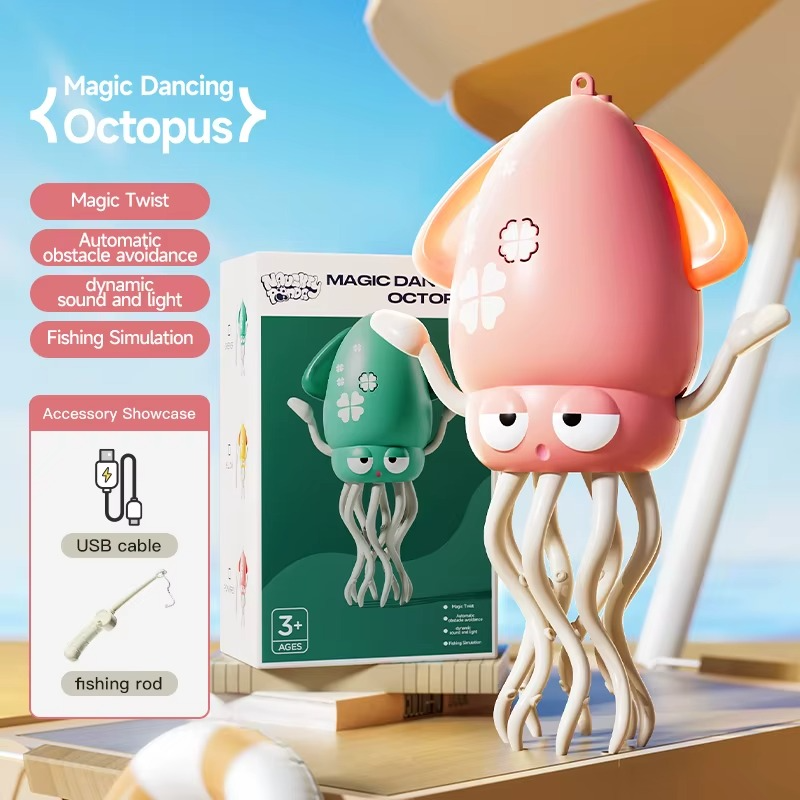 Pink Magic Dancing Octopus toy with packaging and accessory icons for USB cable and fishing rod.