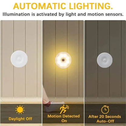 Night light demonstrating automatic lighting with motion sensor on and auto-off after 20 seconds.