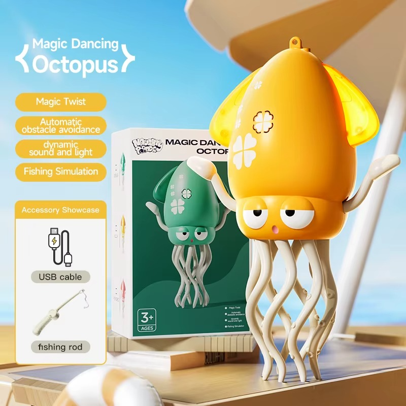 Orange Magic Dancing Octopus toy with packaging and USB cable and fishing rod icons.