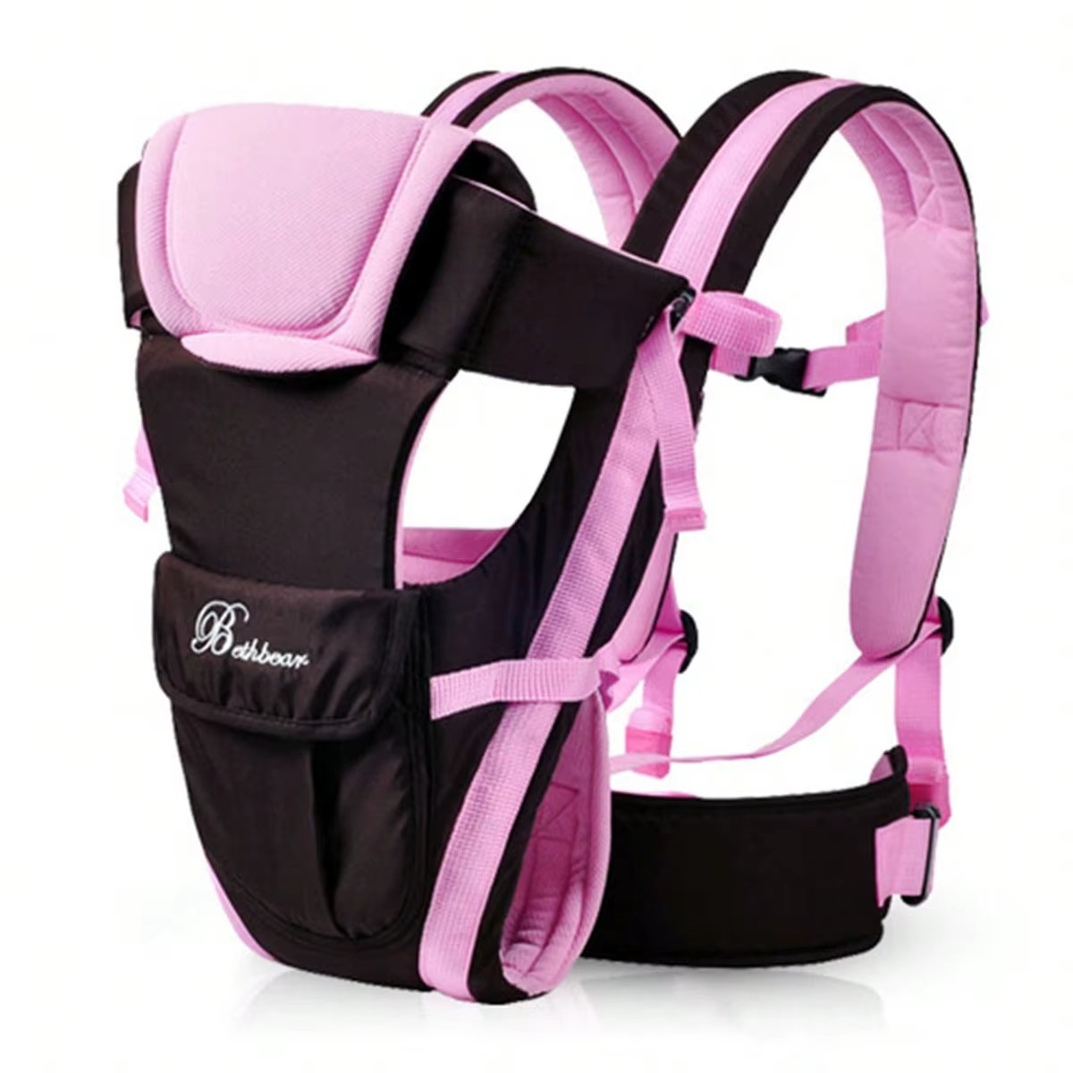 Pink and black ergonomic baby carrier side view with adjustable straps and padded support.