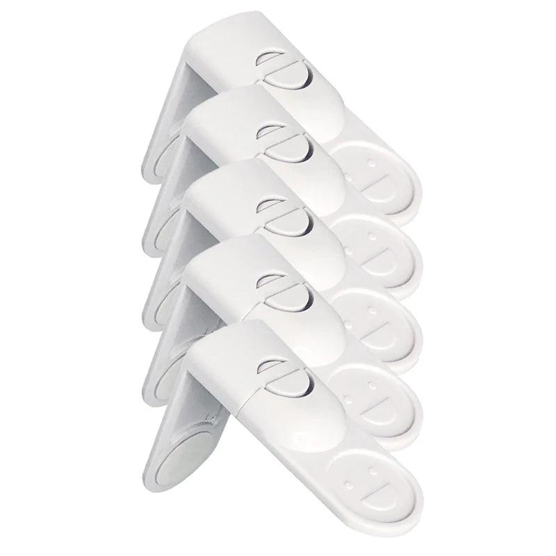 Set of five white baby safety drawer locks with adhesive backing for childproofing.