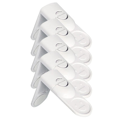 Set of five white baby safety drawer locks with adhesive backing for childproofing.