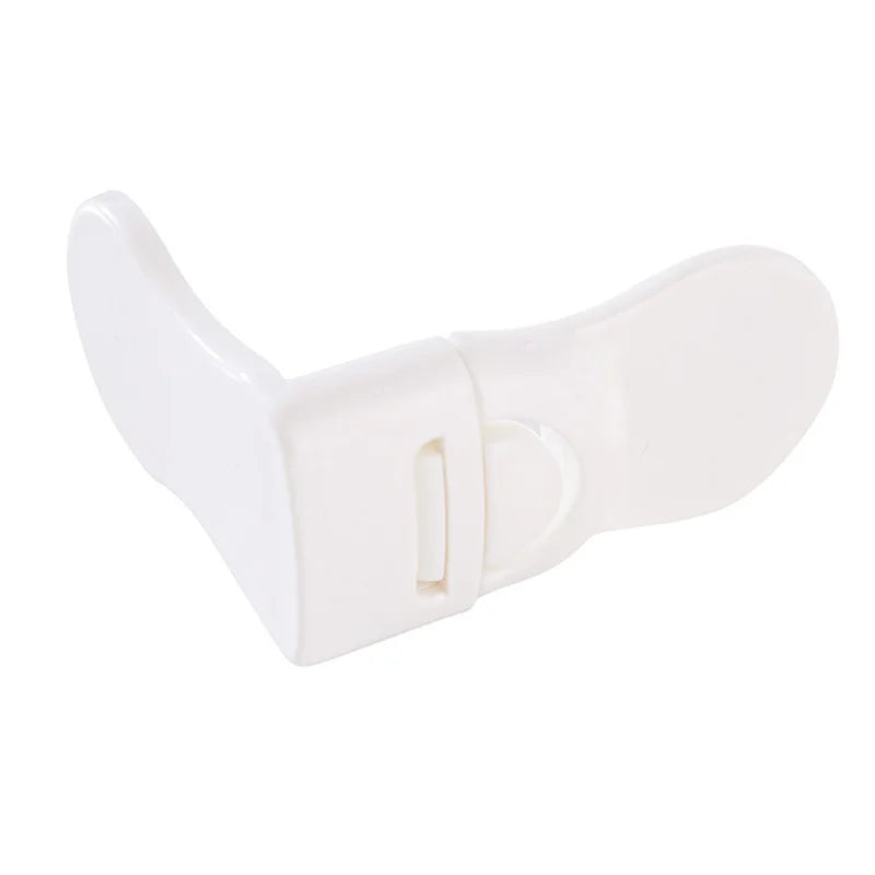 Closed white baby safety drawer lock showing curved locking tab and smooth finish.