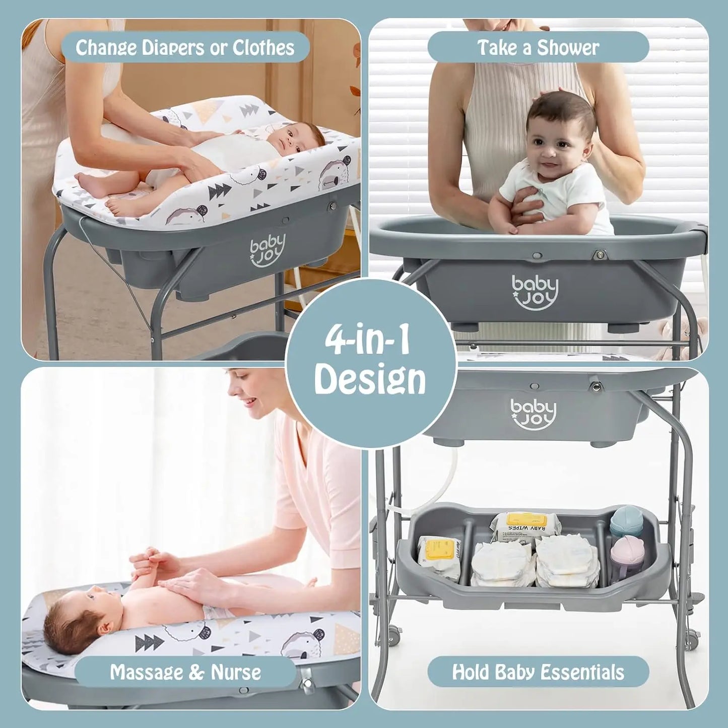 4-in-1 baby bathtub with changing table showing diaper change, shower, massage, and storage uses.