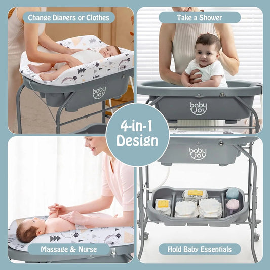 4-in-1 baby bathtub with changing table showing diaper change, shower, massage, and storage uses.